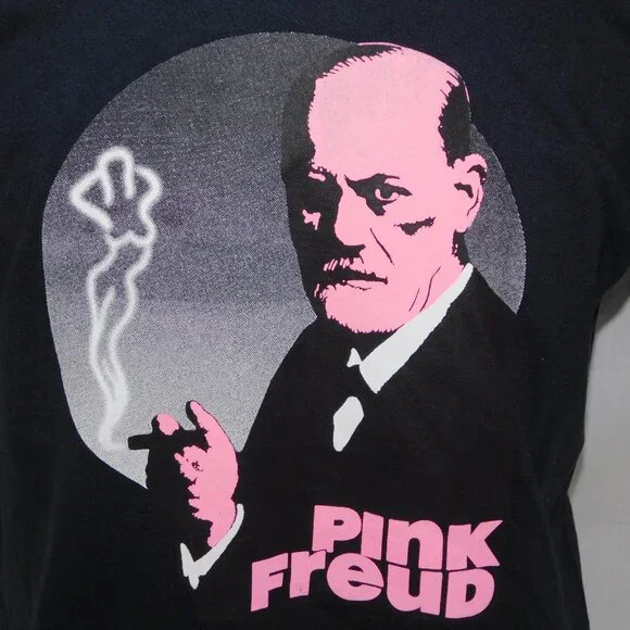 PINK FREUD Mens L Black Graphic Pun music Parody T Shirt Sigmond Funny - Picture 2 of 8